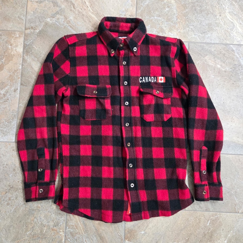 Buffalo Plaid Button Up Shirt Canada Flag‎ Patch Fleece Lined Men's Size S